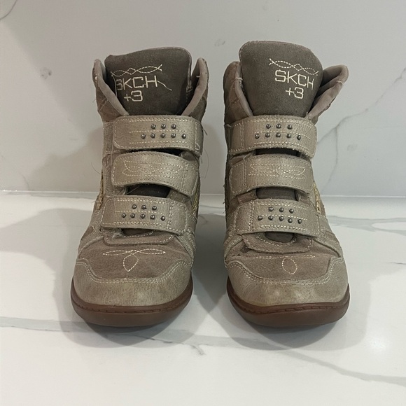 SKECHERS SKCH+3 Leather Hidden Wedge Ankle Booties Dark Taupe size 5.5 - Picture 2 of 11